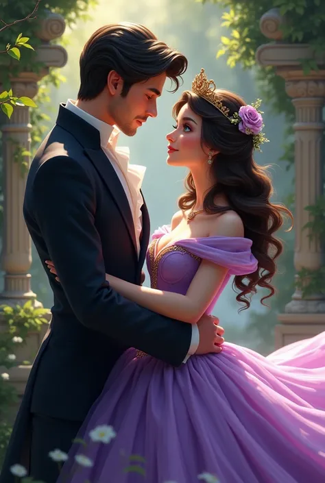  Realistic pretty princess with blue eyes ,  medium wavy dark brown hair,  white skin and purple dress and handsome prince with green eyes, black hair and dark suit  