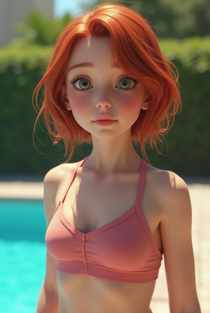  full body image of a fifteen-year-old girl ,  beautiful detailed eyes,  face and extremely detailed features wearing yoga clothes long eyelashes, short red hair outside pool scene ,  natural lighting ,  film composition ,  highly detailed , photorealistic...