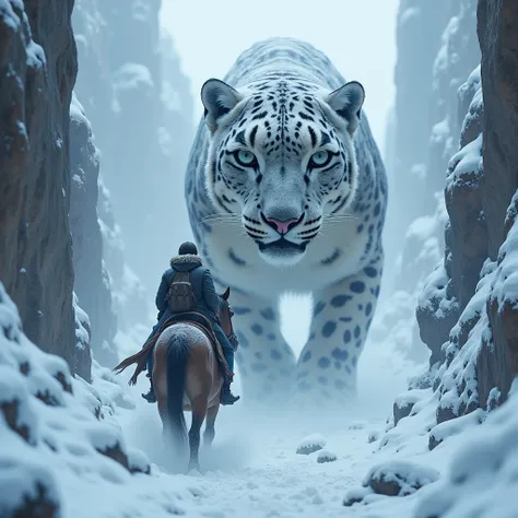 a rider rides a horse through a gorge, snow, blizzard, the snout of a snow leopard looks at the rider from above through a blizzard, horror, 3D