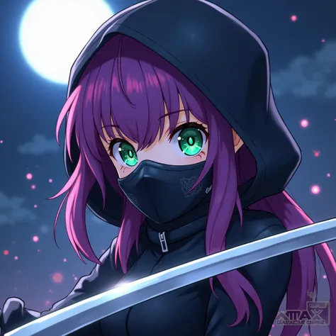 Close-up of a stylized anime girl, likely a ninja or warrior character. The character is a young woman with vibrant purple hair, styled in a long, flowing fashion. She wears dark, almost black, clothing, including a hooded cloak that covers her head and ne...