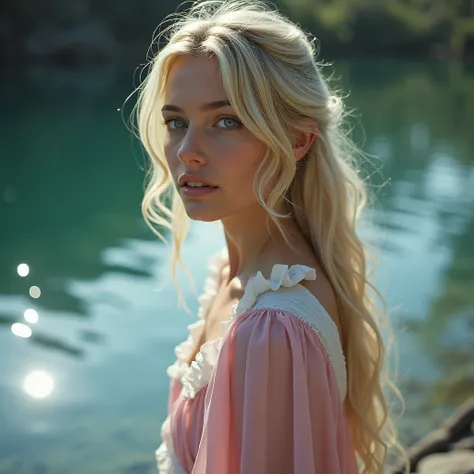 une jeune femme blonde aux yeux bleus qui observe avec effroi son reflet dans leau , agenouillé au bord dune riviere. Elle porte une robe rose et blanche. Elle est effrayé par son apparence et hurle.De Haut En Bas, 