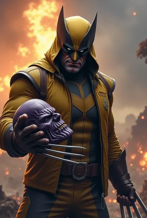 Wolverine en pull a capuche  et son masque jaune et noir assis sur un banc . the claws of his right hand are out and . In his left hand he holds the head of Thanos .
Il regarde en l air souriant. Derrière lui une énorme explosion dans un décor apocalypse 