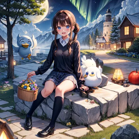 Chestnut Hair、 blue eyes、 has hair tied、Two cute、 plaid miniskirt to make up for embarrassment、 BLACK T-SHIRT、 Long Sleeve 、 dress、 striped high socks sprinkling water、Teeth are visible、lawn、The stone is cracked、Uneven ground、The road is curved、tree、Mounta...