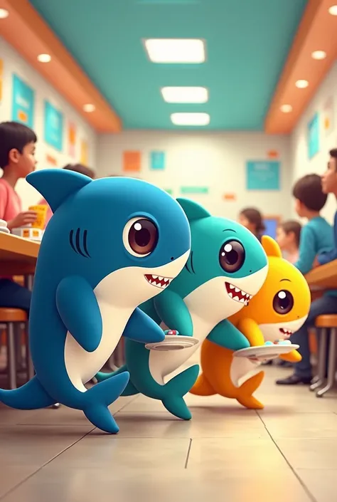 4 cute cartoon sharks waiting to buy food in a queue in a cafeteria 