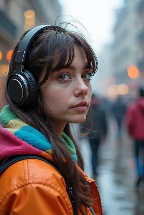  A portrait in the foreground of a girl in colorful clothes , Headphones making the sign of silence ,  while in the background you see people walking to the right with a weather effect and dressed in opaque colors, 