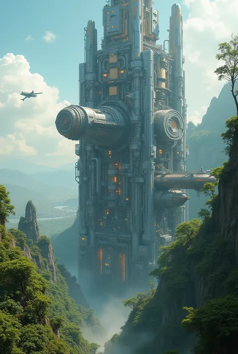 Gods City, futuristic mechanical building, big city, highest place, mechanism, nature environment