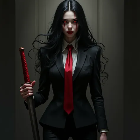  Woman with long black hair with red tips ,  white skin ,  red eyes .  wears a formal all-black suit and tie and holds a huge sword in her hands. Psychopath look and expression .