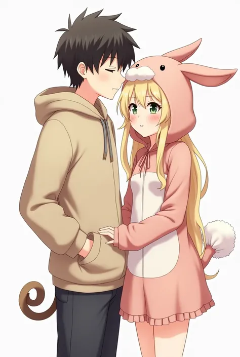 Anime style couple icon from waist up where the girl is dressed as a rabbit and the boy is dressed as a little monkey. The boy has black hair ,  brown eyes and the girl has blonde hair and green eyes 