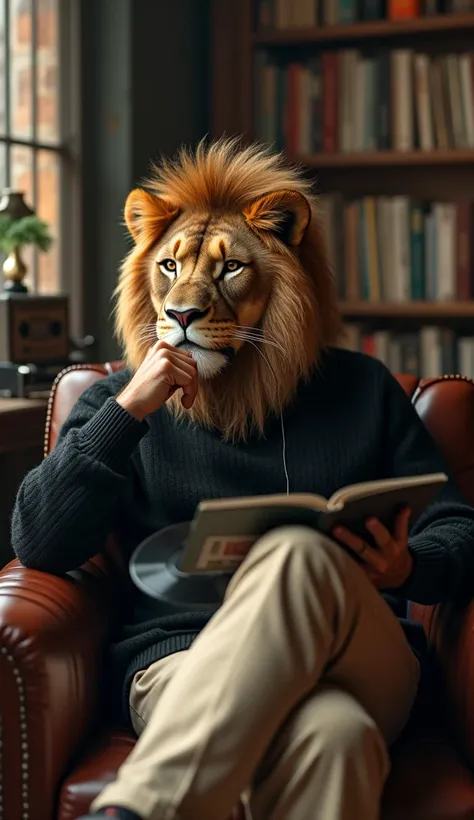 A sophisticated lion man dressed in a black sweater and beige trousers, sitting on a dark brown leather couch in a vintage study room. He’s wearing wireless earphones while holding a vinyl record in his hands, surrounded by stacks of records and an old-fas...