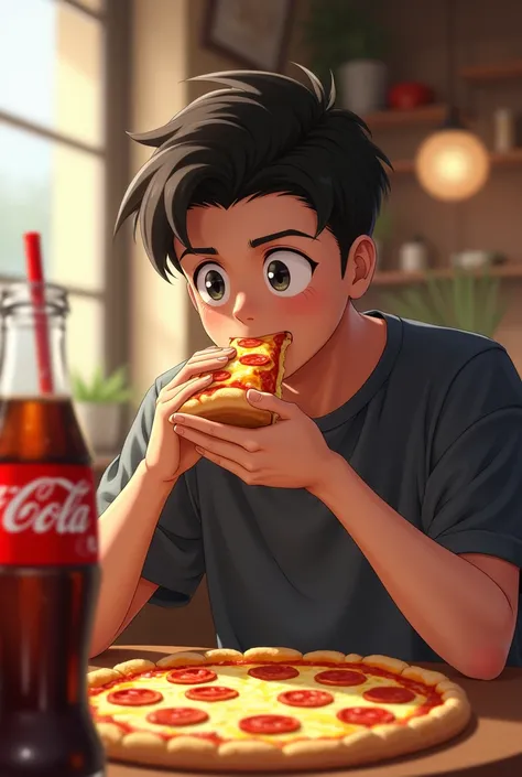 s ren drinking coca cola and eat pizza 