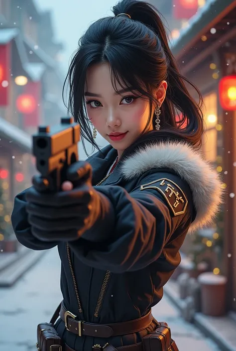 Korean female with a gun and a very strong smile
I have small earrings and multiple piercings
Show that you belong to VV77 on the waist belt and shoulder patch
Wear a Christmas look and have no exposure