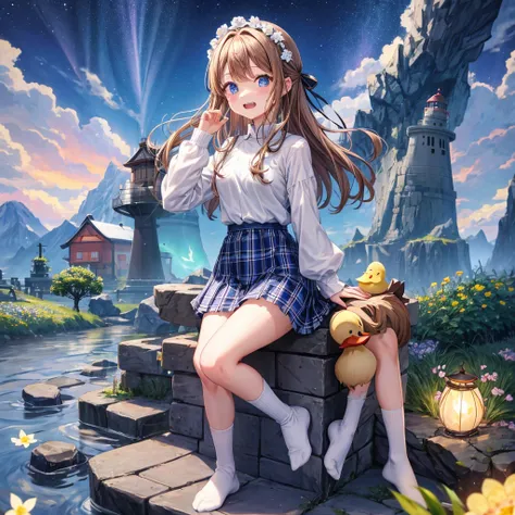 Chestnut Hair、 blue eyes、 has hair tied、Two cute、 plaid miniskirt to make up for embarrassment、 BLACK T-SHIRT、 Long Sleeve 、 dress、 striped high socks sprinkling water、Teeth are visible、lawn、The stone is cracked、Uneven ground、The road is curved、tree、Mounta...