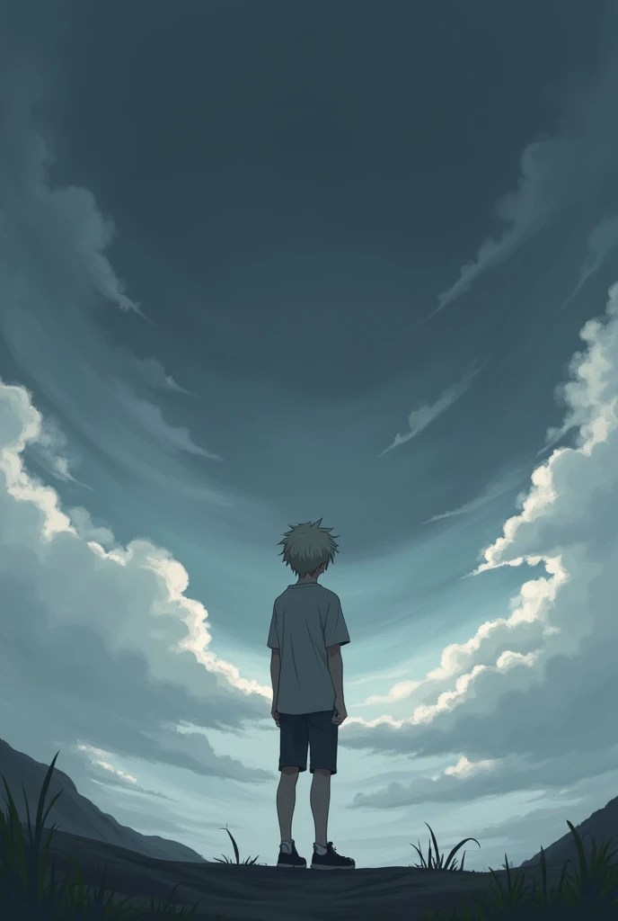 a boy in his 20s with white skin hair and clothes is standing looking at the dark gray sky at his full height in an anime style with his back in square images with medium hair 
