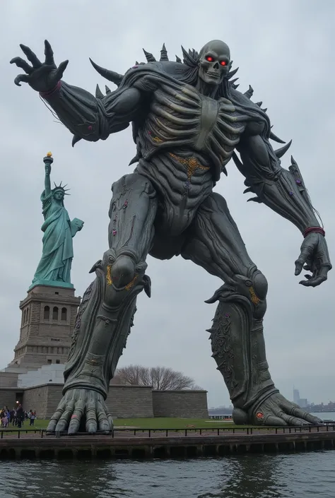 A big skeleton monster of a statue of liberty size give a pose at just right side of the statue of liberty. The monster eyes are red color glowing. There some body parts attached with purple Rubi and gold design. Camera front view wide Angel shot. 