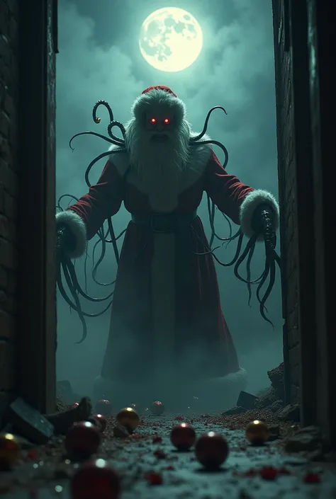 A terrifying, gaunt Santa Claus emerging from a chimney, elongated limbs turning into writhing tentacles, glowing red eyes in the shadows, surrounded by dark smoke. Broken Christmas ornaments and soot-covered floor, eerie moonlight, cinematic horror lighti...