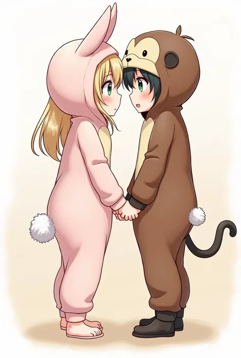 Anime style couple icon from waist up where the girl is dressed as a rabbit and the boy is dressed as a little monkey. The boy has black hair ,  brown eyes and the girl has blonde hair and green eyes 