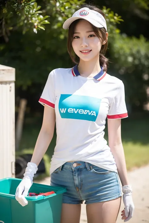 {A stunning Japanese-Korean lady, volunteer in a beach clean-up, at morning dawn, picking up plastic waste, sorting recyclables, with clean-up tools, nets, trash bags, grabbers, recycling bin. She is wearing T-shirt, polo shirt, volleyball attire, PT short...