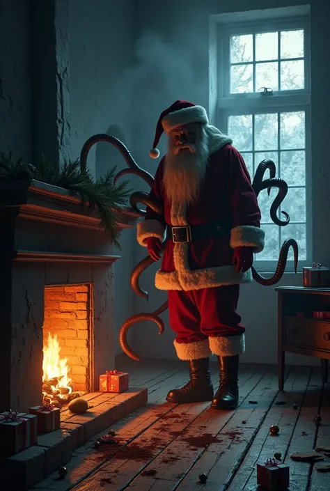 A terrifying monster Santa Claus emerging from a chimney, his body gaunt and shadowy, elongated limbs turning into grotesque, writhing tentacles resembling octopus or worms, dripping with black soot. Santas face is obscured in darkness, but faint glowing r...