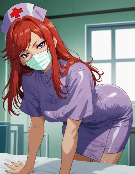 1girl, long hair,red hair,2D, cell shading, anime style, video game art, sharp lines, vibrant colors, retro style,RUKIA Style,shiny skin, medical face mask, purple nurse clothes, tight clothes,looking back,muture woman, detailed face,half closes eyes, look...