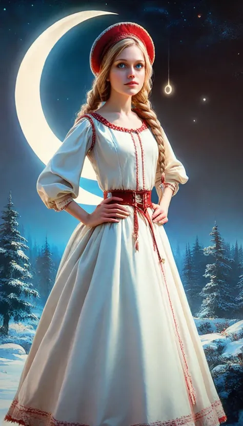 (zPDXL2), (PonyXLV6_Scores), BREAK
cowboy shot of beautiful blonde slavic lady, hands on hips, blue eyes, traditional white dress with red ornate frills, braid, kokoshnik headwear with glowing star symbol, winter, forest, night, moon crescent  