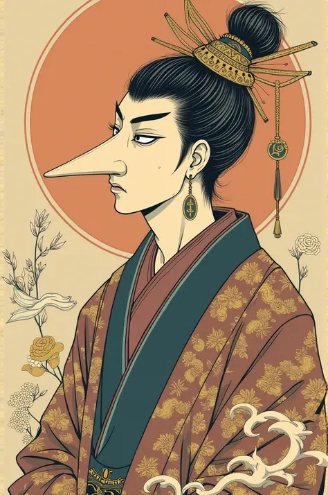 Create a pointed nose drawing in ancient Japanese style with the shape of a god and gold coins