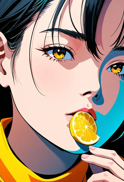 a girl eating lemon, she is frowning，minimalist art style, minimalist portrait, minimalist art, abstract art, simple background, vibrant colors, high contrast, sharp focus, (best quality,4k,8k,highres,masterpiece:1.2),ultra-detailed,