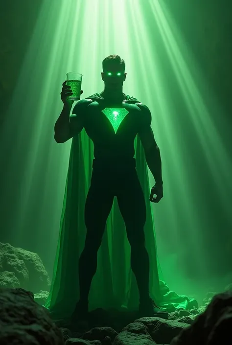 A superhero with a layer ,  drinking in a very cold glass of a dark green set of dark wheat chlorophyll that gives him super energy powers.  Between rays that come from the sky  .
