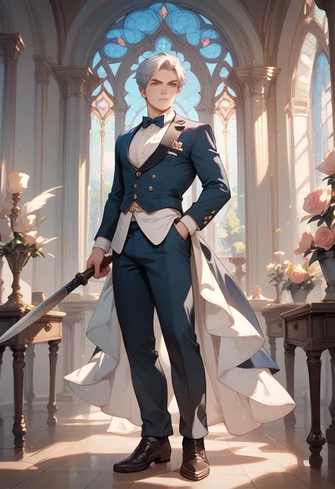 Male butler　assassin　 is holding a weapon　One knotted silver-haired 　 full body view