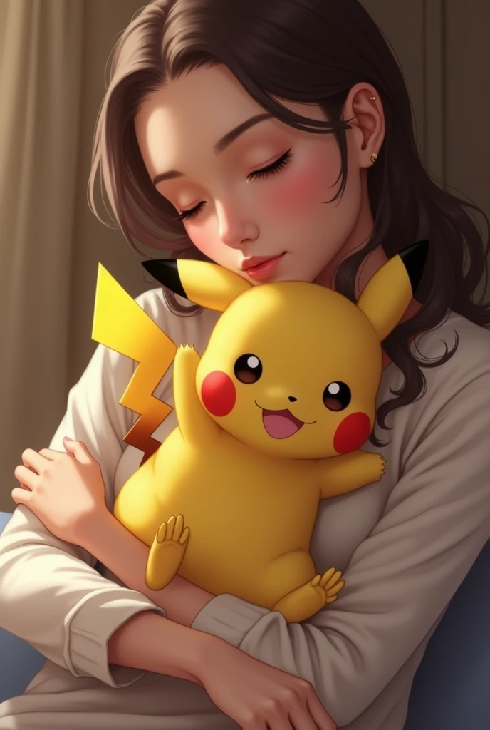 Pikachu on top of a womans chest