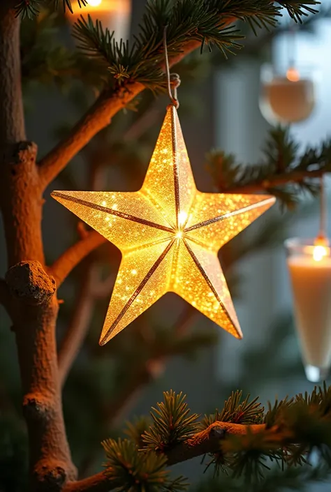 Create a Christmas star with related materials such as glasses that are watered inside yogurt to be placed in a recycled tree
