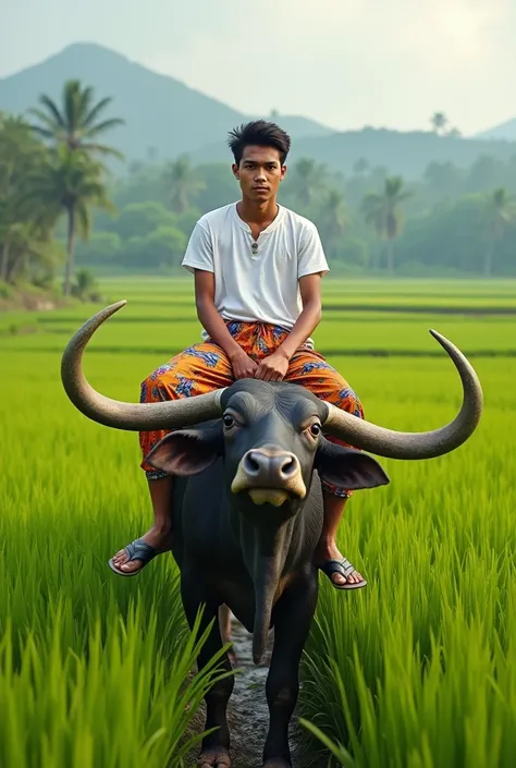 create the character of a young Indonesian man in a white t-shirt, colored pants, riding a buffalo in the middle of the beautiful rice fields of the archipelago 