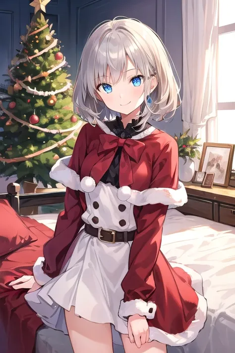  1 girl, solo,  high definition ,  smiles,  shortcuts, Brown Hair,  silver hair, 
 blue eyes,  blue eyes,  smiles,  Cowboy Shot ,  bedroom、 Christmas