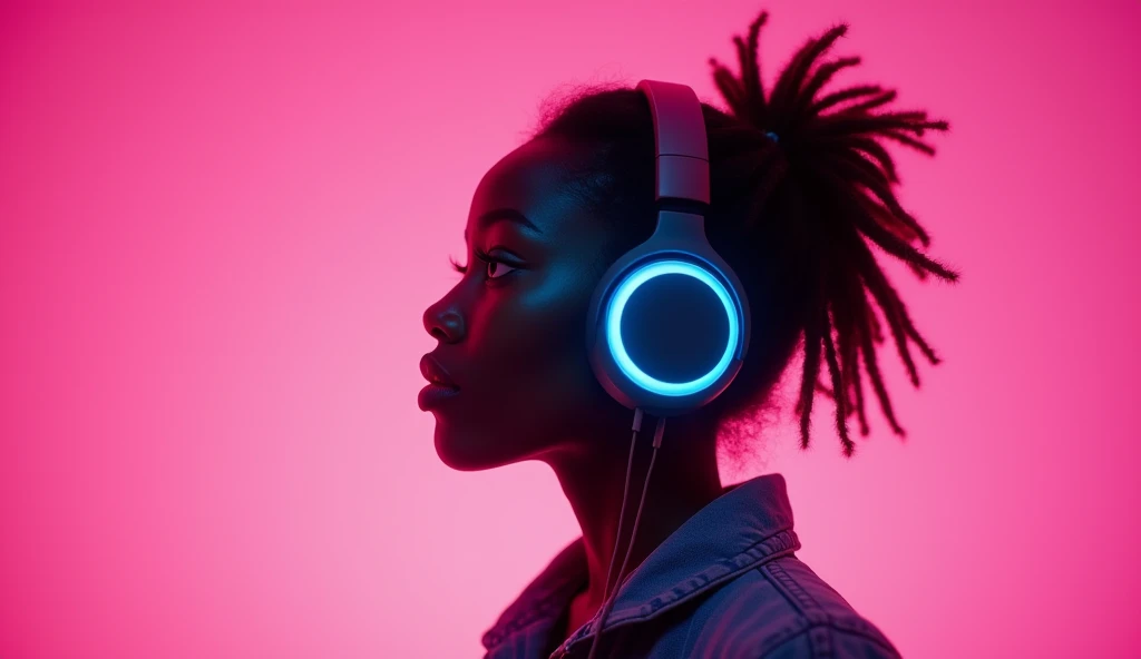 Create an image with a pink background of an 18-year-old black girl with huge neon blue headphones listening to music. looking forward. 