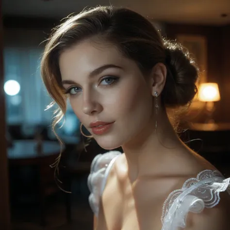 A hyperrealistic portrait of a young, stunningly beautiful lady in a short black and white satin French maid costume, sensually posed near an antique wooden commode in a dimly lit antique room.  Shot with an Arri Alexa LF, using a Zeiss Master Prime 50mm f...