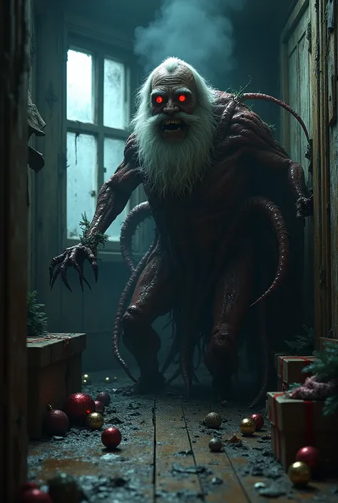 A monstrous Santa Claus with a grotesque, writhing worm-like lower body and wet octopus-like tentacles, crawling out of an old chimney. His emaciated frame looms in the dark, glowing red eyes peering from the shadows, his face gaunt and stretched with shar...