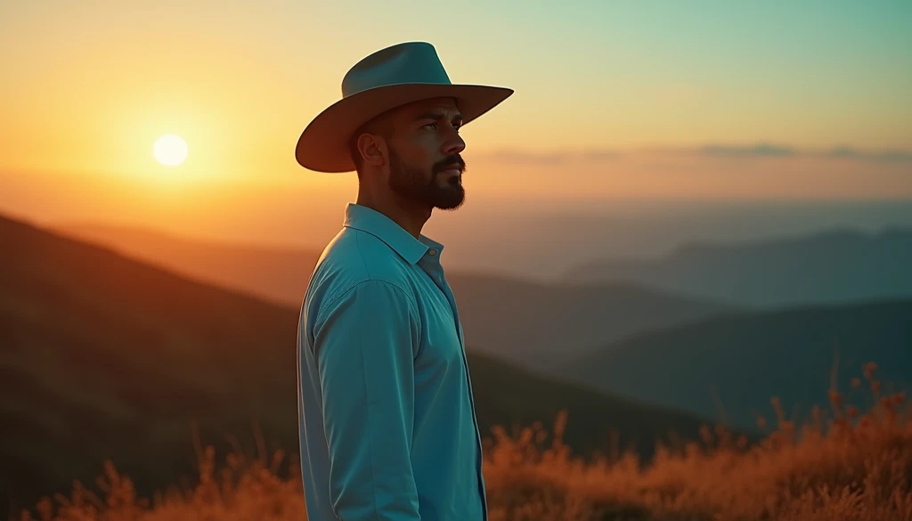 A hyper-realistic cinematic scene of a lone man standing on a hill at sunset, wearing a light blue wide-brimmed hat and a white shirt. The scene features a teal and orange color palette: the warm golden and orange hues of the sunset illuminate the man’s si...