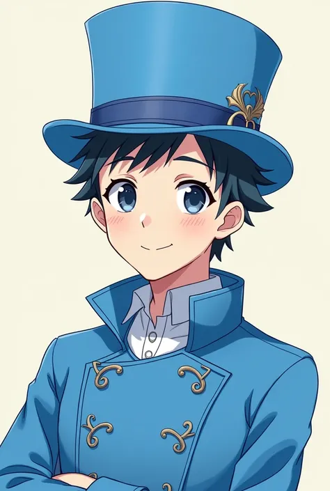  Anime guy , muka senyum pakai 🎩 berwarna biru mantel berwarna biru