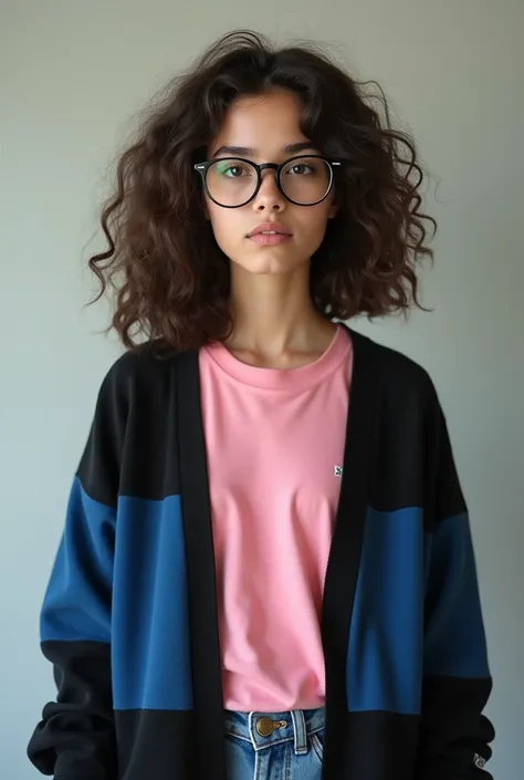  17-year-old girl ,  dark brown shoulder-length very curly hair, brown-eyed ,  with black glasses ,  and adidasos with a black and blue cardigan ,  pink t-shirt .  have your hair pulled together .
Be a real person .