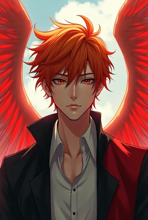 Translucent red wings sprout from behind a man with orange hair and a black jacket over a white shirt. Im looking straight ahead, ,  hair is drawn to the right, and only the right shoulder of the ,  shirt has a red part.