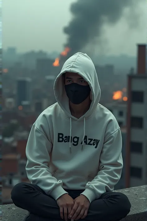 A male wearing a white Hoodie sweater and mask is sitting on top of the building while looking at the destroyed building filled with flames,
 there is a Bang Azay name logo on a white Hoodie sweater  