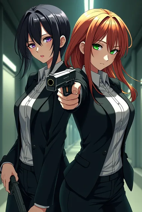 Yuzu aihara from anime citrus,green eyes,badass,cool,chestnuts hair colour,wear badass suit,hold a gun,try too saves,mei aihara from anime citrus with black hair colour,purple eyes
