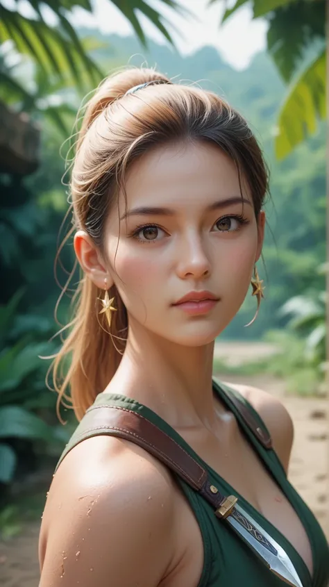 (1girl, anime style, UHD, best quality, depth of field, dramatic, cinematic, masterpiece:1.5), (adorable mature face, strong expression, statuesque athletic body, ponytail hair, thick golden hair, tan skin, dirty radiant dark skin, detailed skin textures, ...