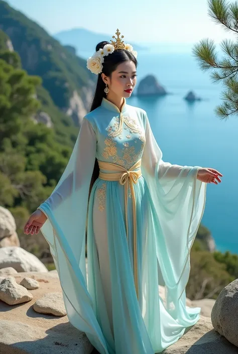 A portrait photograph captures a woman standing on rocky terrain, dressed in an elegant light blue traditional Chinese garment known as a qipao or cheongsam. The robe features wide sleeves adorned with intricate gold floral embroidery, showcasing delicate ...