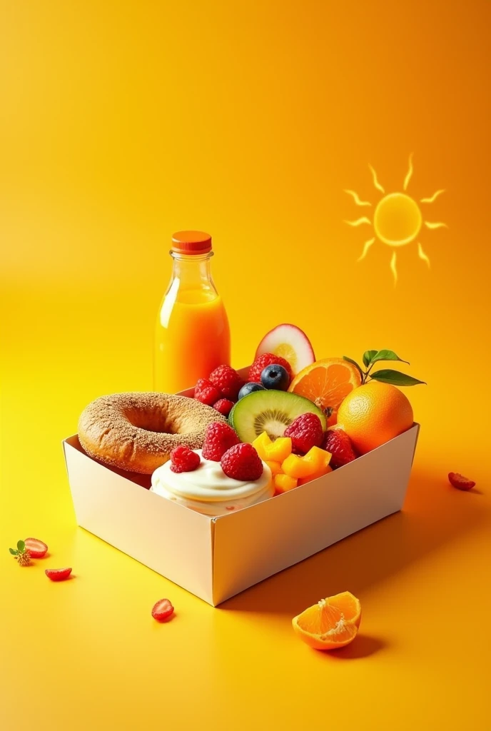 Create a food set as follows: plain bagel / Coconut milk jelly/ ready-to-eat mixed fruit / bottle of orange juice in a food box to use as an advertising image and will be included in the food menu for customers to see. Use mini-pot colors, warm tones to al...