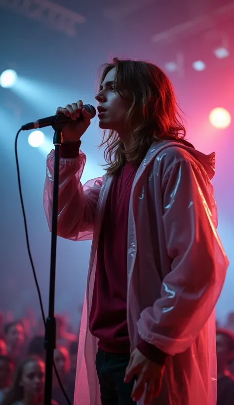 artwork best quality handsome male teenager long brown hair light skin with transparent hooded raincoat long sleeve wine shirt underneath singing holding a microphone seen from afar at a concert with details uhq details