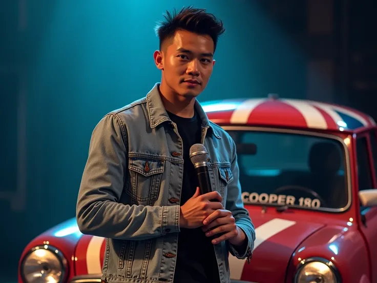 a handsome Javanese man wearing a Levis jacketholding a microphone ,The background is Lee Copers car, its roof is designed with british flag paint