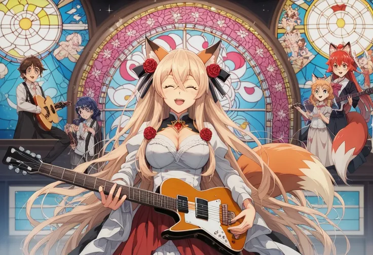 ステンドグラスのFoxの絵のクローズアップ, 霊妙なFox, 気まぐれなFox,  stained glass art ,  Beautiful Fox Lady , 擬人化されたFox,  guitar concept art , ファンタジーFoxの愛, Stained glass style , Red fox,   stylized fox - looks similar ,  guitar concept art , Fox, , アントロポモーフィックなFoxの肖像画