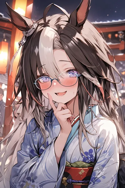 NSFW,masterpiece, top quality, high definition , very detailed,Dream Journey,Dream Journey(Horse Girl),Glasses,Two-tone hair, kimono,yukata,shrine,Festivals,blush, a happy expression 