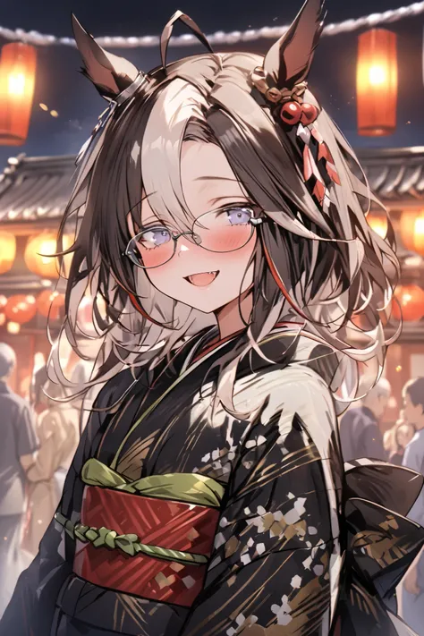 NSFW,masterpiece, top quality, high definition , very detailed,Dream Journey,Dream Journey(Horse Girl),Glasses,Two-tone hair, kimono,yukata,shrine,Festivals,blush, a happy expression 