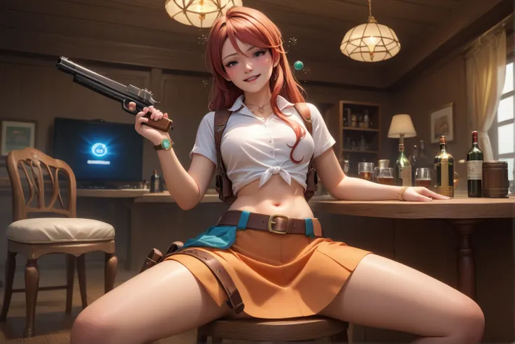  Gemini Sunrise ,Big black eyes,brown sleeveless collared cowgirl shirt, ULTRA MINI SKIRT ,Gun belt on waist,Please put the gun in the holster, western boots , watch ,Navel exposed,Drunk,indoor, sit on a wooden chair, Cowboy Shot , super high resolution ,2...